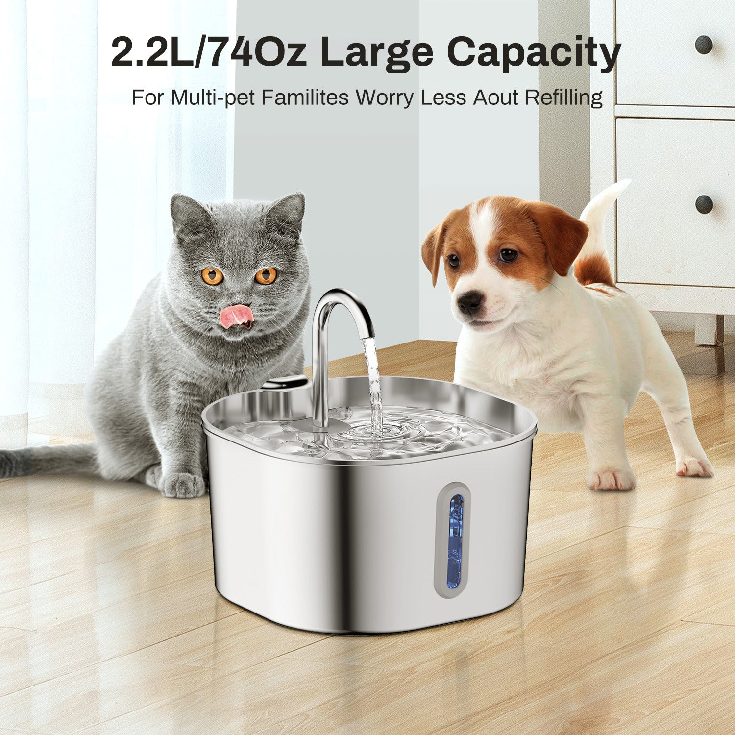 Stainless Steel Cat Water Fountain 2.2L